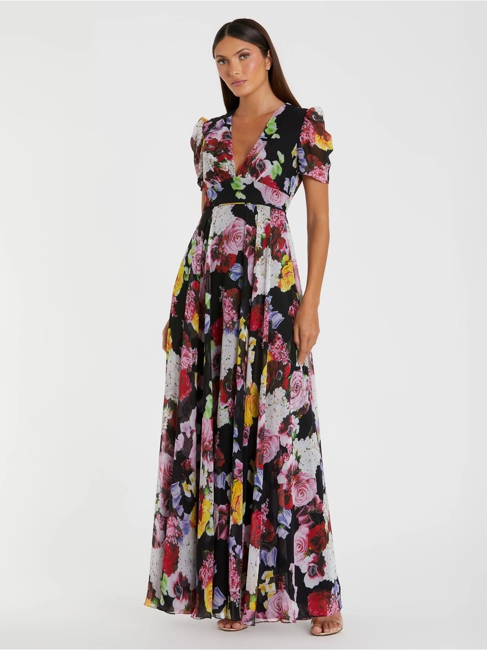 Mac Duggal Black Floral Print Mesh Short Sleeve Gown Size 6 #55933 $498